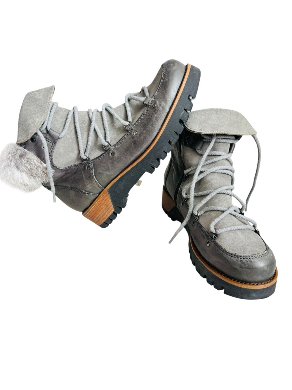 MANAS Women’s Size 40 Gray Leather Suede Fur Trim Lace-Up Ankle Boots